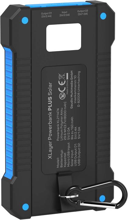 Produktbild Xlayer Powerbank PLUS Solar Black/Blue 8000mAh (8000 mAh, 5 W, 29.60 Wh)