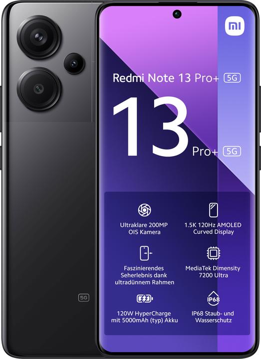 Produktbild Xiaomi Redmi Note 13 Pro+ 5G (512 GB, Midnight Black, 6.67", Dual SIM, 200 Mpx, 5G)