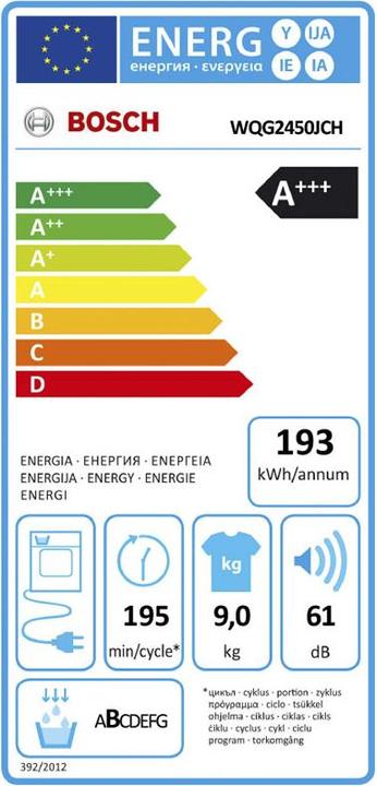 Etichetta energetica Bosch Hausgeräte WQG2450JCH & WGG244ZJCH Waschturm (9 kg, A destra, Spina CH)
