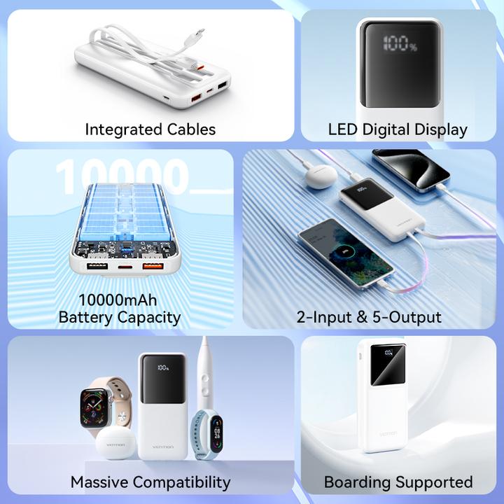 Image du produit Vention Banque d'alimentation 10000mAh (Micro-USB + USB-C + USB-A + USB-A) avec câbles USB-C et Lightning (10000 mAh, 37 Wh)