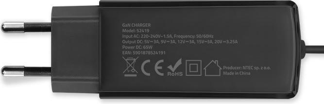 Produktbild Qoltec 52419 65 W GaN Super-Schnellladegerät | 5–20 V | 3–3 25 A | USB-C 3.1 (65 W)