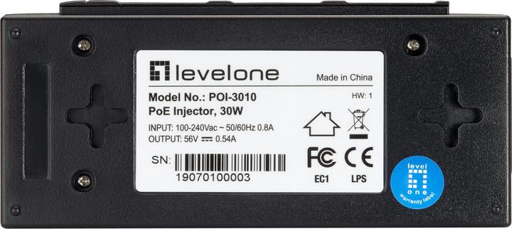 Actual product image LevelOne GE PoE Injector Adapter POI-3010 PoE (802.3at (PoE+), 802.3af (PoE), 30 W)