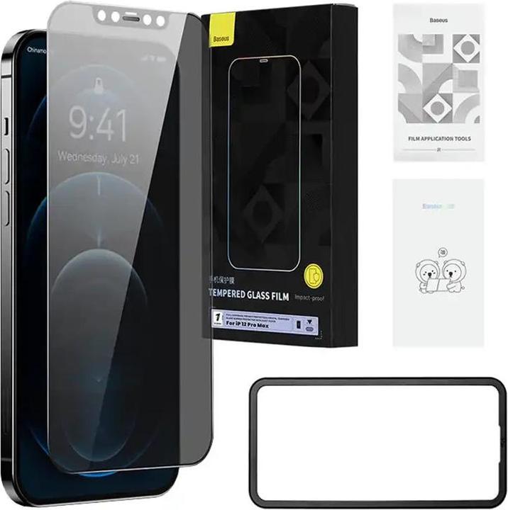 Actual product image Baseus 0.3mm Full-Coverage Privacy Protection Crystal Tempered Glass Screen Protector with Dust Filter for (1 Piece, Apple iPhone 12 Pro Max)