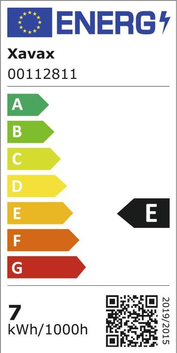 Energie-Label Xavax LED-Filament, E27, 806lm ersetzt 60W, Glühlampe, matt, Warmweiss (E27, 6.50 W, 806 lm, 1 x, E)