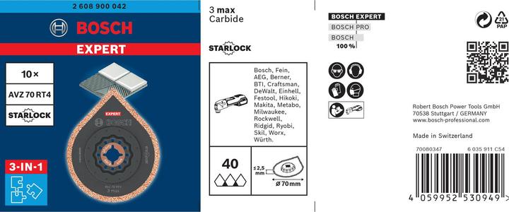 Produktbild Bosch Professional Zubehör EXPERT 3 max AVZ 70 RT4 Platte zum Entfernen von Fugen für Multifunktionswerkzeuge, 70 mm, 10 Stück (P40)