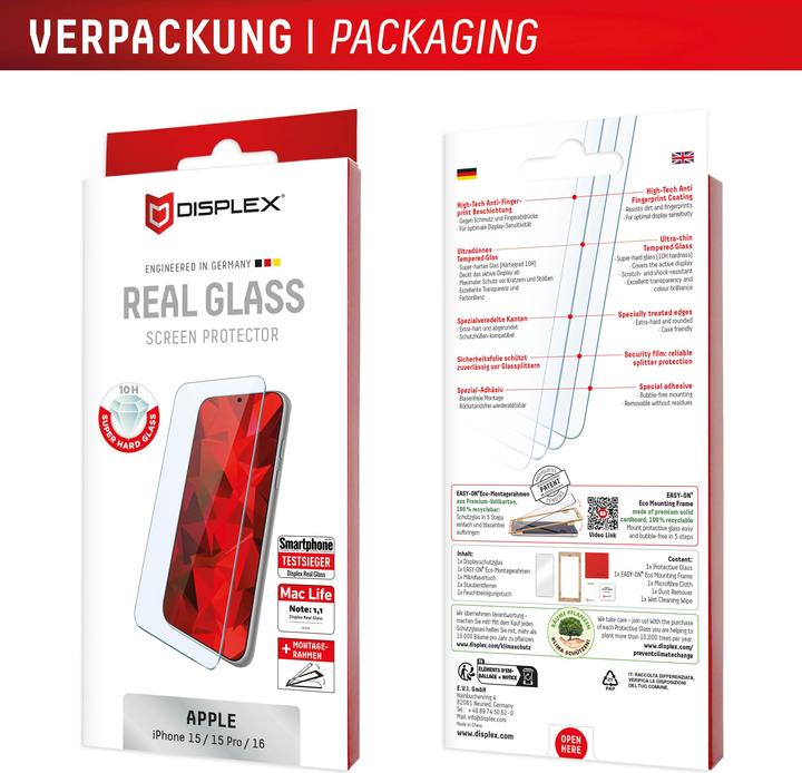 Produktbild Displex Real Glass, 2D Panzerglas (1 Stück, Apple iPhone 16, Apple iPhone 15 Pro, Apple iPhone 15)