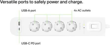 Produktbild Belkin Surgemaster Überspannungsschutz (4 x, USB-A, CEE 7/3, USB-C, 2 m)