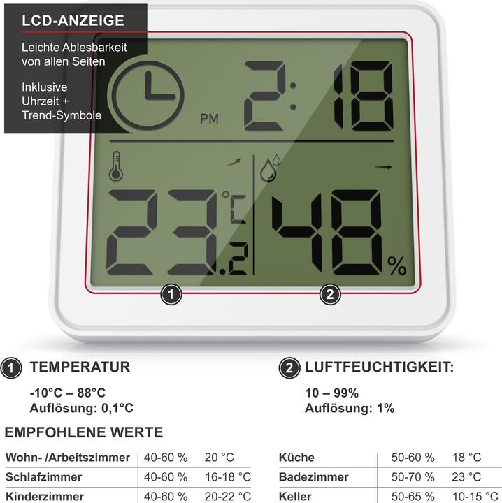 Image du produit Bearware Thermometer & Hygrometer, Temperatur, Luftfeuchtigkeit & Uhrzeit, Innenwetterstation, Magnethalter