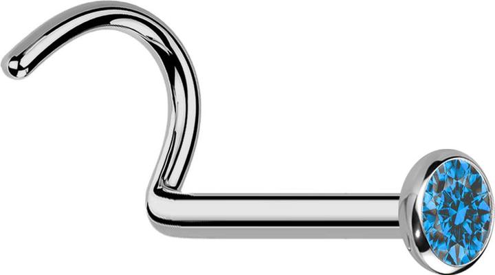 Star Piercing Nasenstecker gebogen silber mit flacher Halbkugel Kristall hellblau (ohne Messing, Titan G23)