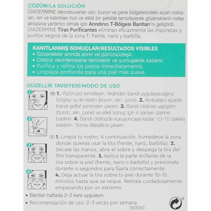 Nutritional values and ingredients Diadermine Tiras Purificantes Piel Normal-Mixta 6 U (Cleaning cloths)