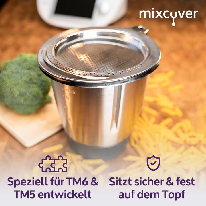 Produktbild Mixcover Edelstahl Sieb Abgiess-Hilfe Wiegeteller Spritzschutz für Thermomix TM6 und TM5