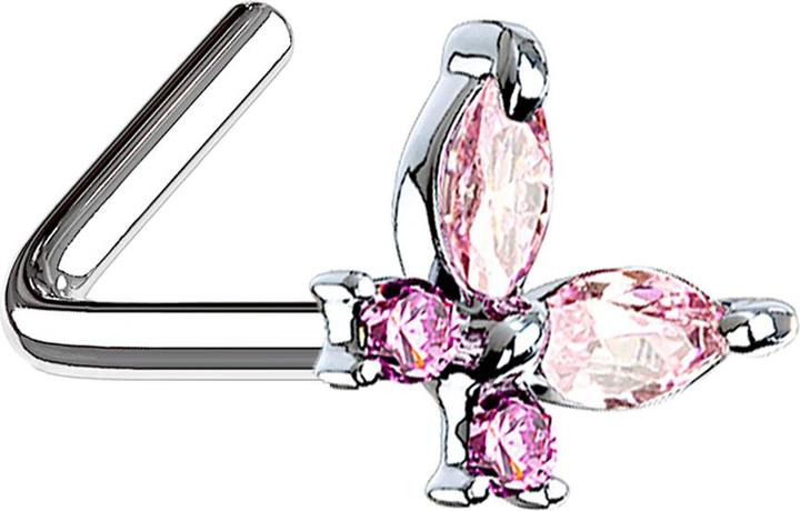 Star Piercing Nasenstecker gewinkelt silber Schmetterling mit Kristallen pink (Chirurgenstahl 316L, Messing)