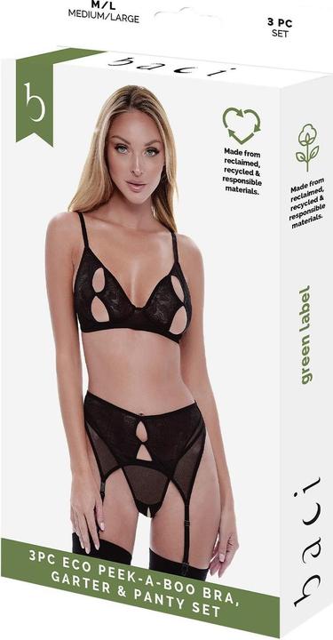 Image du produit Baci XGEN 3Pc Eco Peek-A-Boo Bra, Garter & Panty Set - Sultry Black Lace Lingerie Set - Size M/L (UK (M, L)