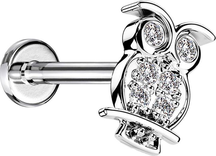 Star Piercing Micro Labret Innengewinde silber Eule Kristalle silber (Messing, Chirurgenstahl 316L)