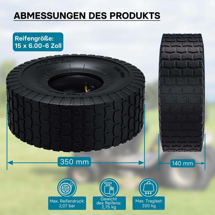 Produktbild Wiltec Reifen für den Aufsitzmäher 15x6.00-6 4pr mit Schlauch Winkelventil Komplettrad