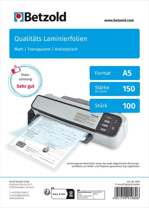 Image du produit Betzold Carton de 100 feuilles à plastifier mates, DIN A5, 150 mic (A5, 100 pièce(s), 150 µm)