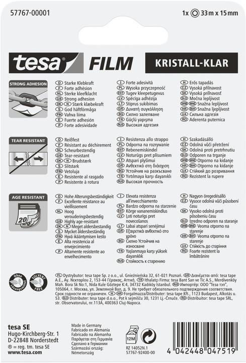Nährwerte und Zutaten tesa 1x tesafilm KRISTALL-KLAR, hochtransparent, alterungsbeständig, mit starker Haftung (15 mm)
