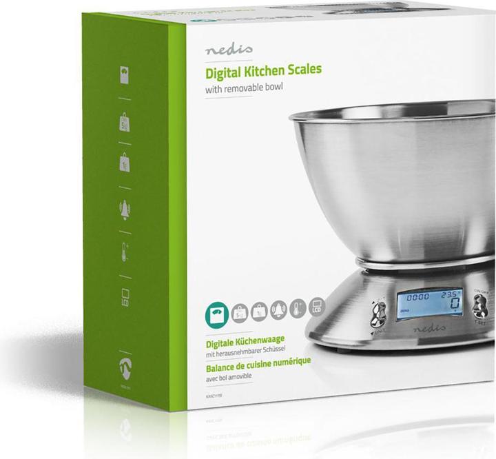 Produktbild Nedis Digitale Küchenwaage - Beleuchtetes LCD - Temperatursensor - Alarm-Timer - Herausnehmbare Sc