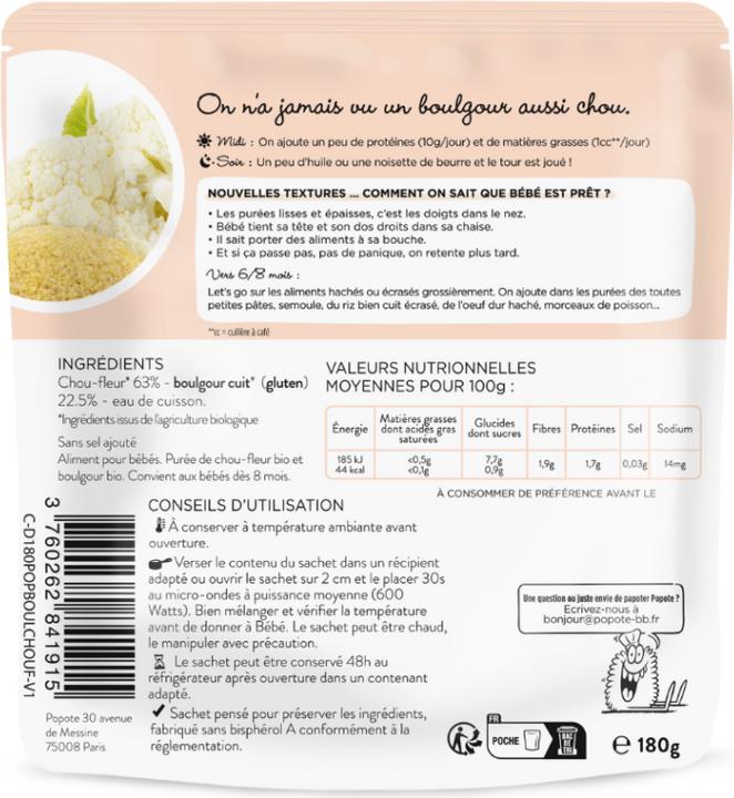 Nährwerte und Zutaten Popote Babybrei Blumenkohl-Bulgur BIO (180 g)