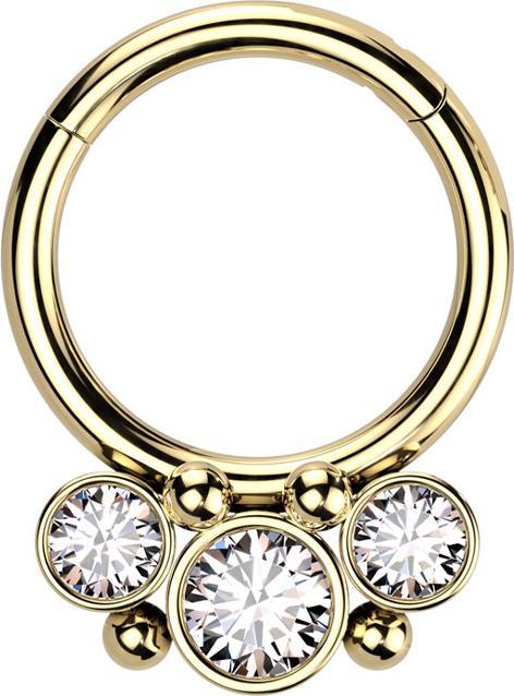 Produktbild Star Piercing Micro Segmentring klappbar vergoldet vier Kugeln drei runde Kristalle silber (ohne Messing, Chirurgenstahl 316L)