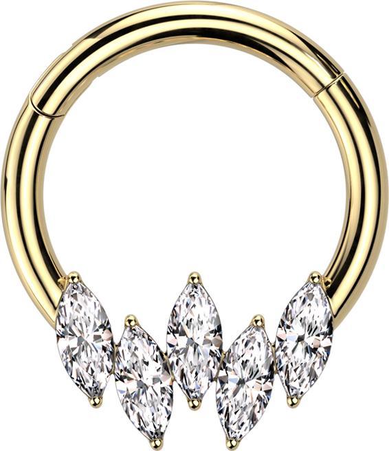 Actual product image Star Piercing Micro segment ring hinged gold plated five ovals crystals silver (without brass, Surgical steel 316L)
