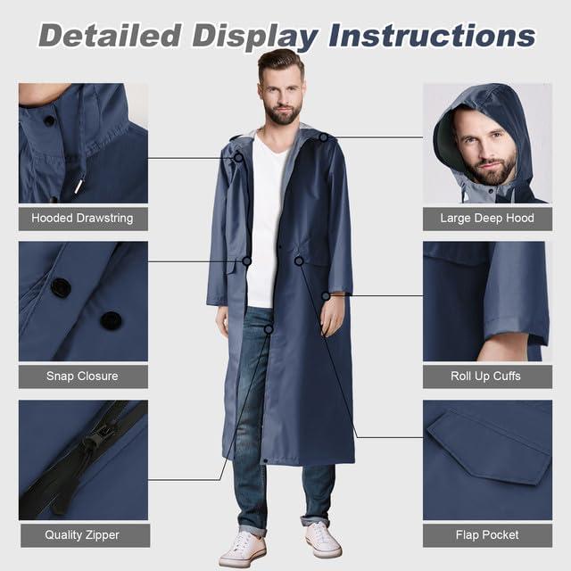 Produktbild Alopini Langer Regenmantel Wasserdichte Regenjacke Unisex Regenponcho mit Pattentasche, L (L)