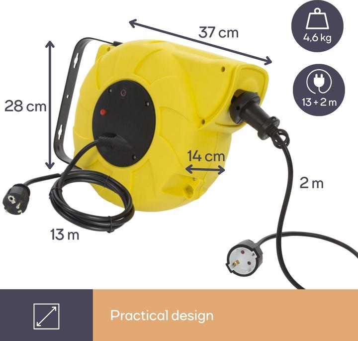 Actual product image Velleman AUTO-REWIND CABLE REEL - WALL MOUNT - 13+2 m - SCHUKO (13 m, 3.15 mm²)