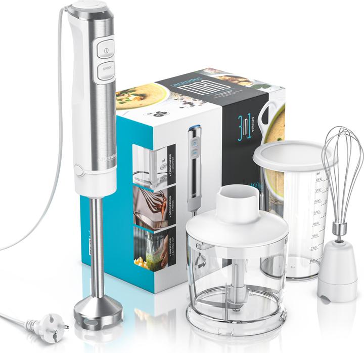 Produktbild Arendo Stabmixer 1200W weiß, Edelstahlmixer-Set inkl. Messbecher, Zerkleinerer, Schneebesen, Gleichstrommot