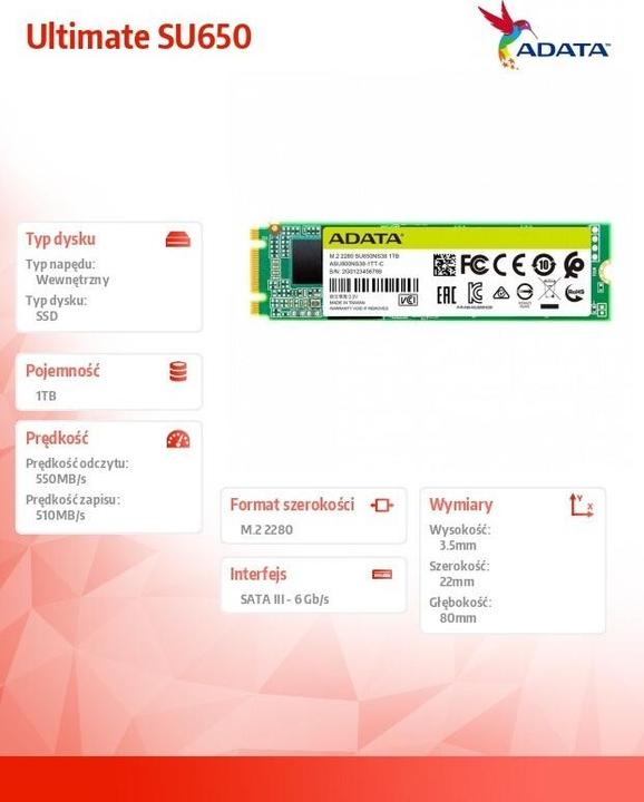 Productafbeelding Adata Ultieme SU650 (1000 GB, M.2 2280)