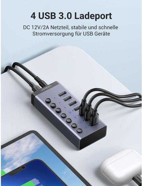 Productafbeelding Ugreen multifunctionele HUB 7in1 USB Type C - 7x USB Type A 3.0 PD DC 12V grijs (CM481) (USB-C, 8 Havens)