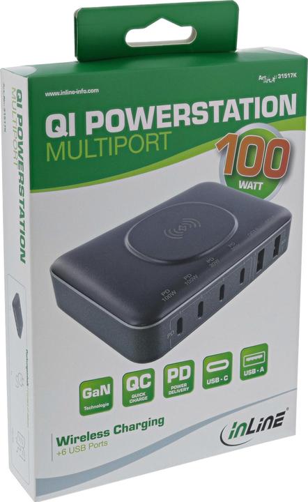 Immagine prodotto InLine Qi Powerstation Multiport, alimentatore, caricatore, 4x USB Tipo-C, 2x USB Tipo-A, GaN, 100W, cavo (100 W)