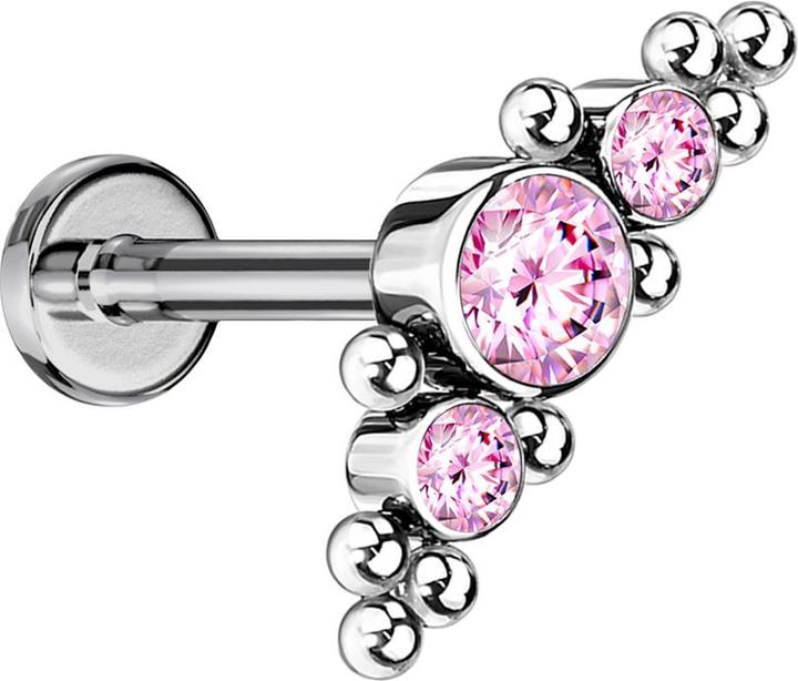 Star Piercing Micro Threadless Labret silber mittig mit Kugeln und drei Kristalle pink (ohne Messing, Titan G23)
