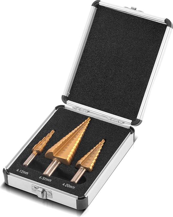 Actual product image Stahlwerk HSS step drill bit set of 3 TiN-coated drill bits with aluminium box (4-12mm, 4-20mm, Ø 4-32mm)