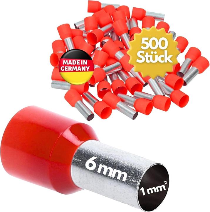 Kalitec 500 pieces AE106RT Wire end ferrules insulated 1.0mm² 6mm long red I Made in Germany I Industrial