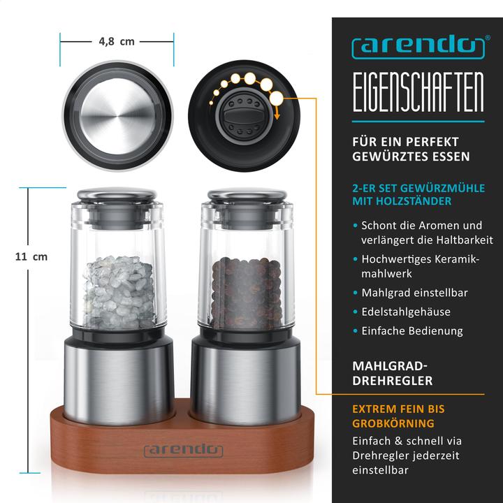 Produktbild Arendo Salz- & Pfeffermühle Elektrisch 2er Set, Gewürzmühlen, Edelstahl, Holz Ständer, Batteriebetrieben (Salz, Pfeffer)