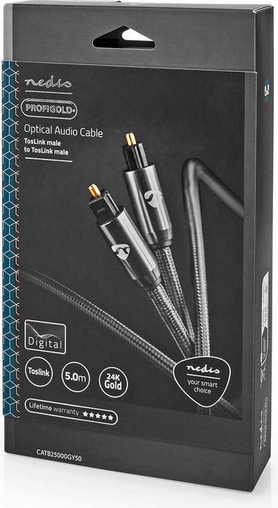 Produktbild Nedis Optical audio cable TosLink Male, 5m, round, braided - Gray With Metal (5 m, TOSLINK)