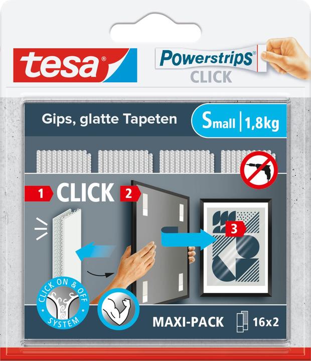Produktbild tesa Powerstrips CLICK - Klett-Klebepads - Bilder aufhängen ohne Bohren - Small 1,8kg - 16 x 2 Stück (1.80 kg)