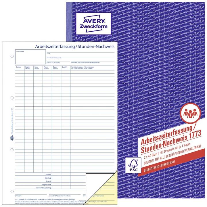 Produktbild Avery Zweckform Stundennachweis Formular 1773-5 DIN A4 (40 x)
