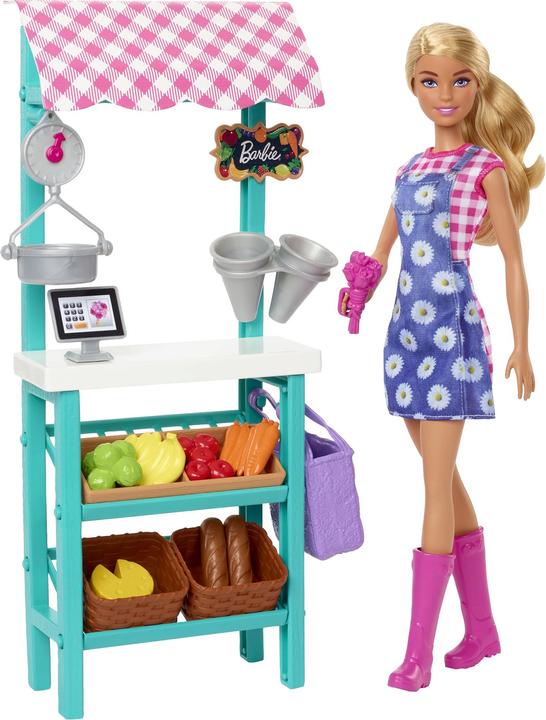 Barbie Bauernmarkt-Spielset "Spass auf dem Bauernhof", -Puppe (blond), Marktstand, Acker, Gemüse, Brot
