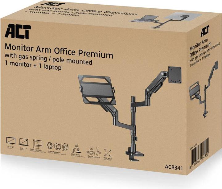 Actual product image Single monitor arm and laptop arm office premium, with gas spring, pole mounted (Table, 49")