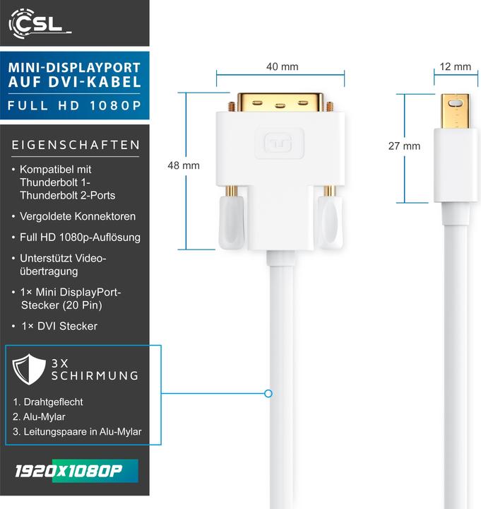 Produktbild CSL Mini DisplayPort zu DVI Video-Kabel, miniDP Monitor Adapter Kabel, für Apple, PC's & Notebooks (5 m, DisplayPort, DVI)