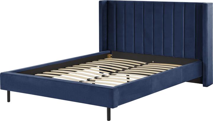 Actual product image Beliani Upholstered Bed Velvet Fabric Navy Blue Slatted Frame 160 x 200 cm VILLETTE (160 x 200 cm)