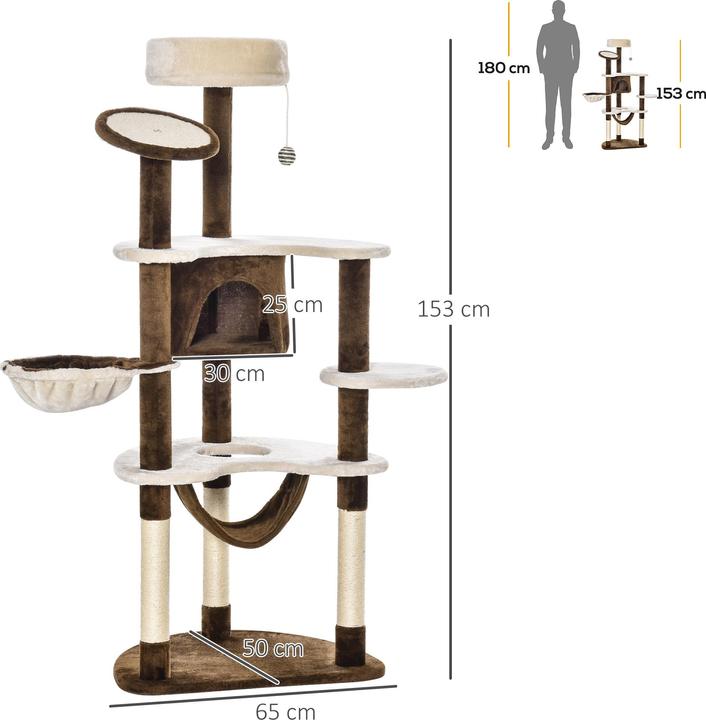 Produktbild PawHut Katzenbaum mit Sisalsäulen (153 cm, Kaffeebraun)