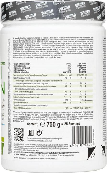 Valori nutrizionali e ingredienti Weider Proteine vegane (Fragola, 1 pz., 750 g)