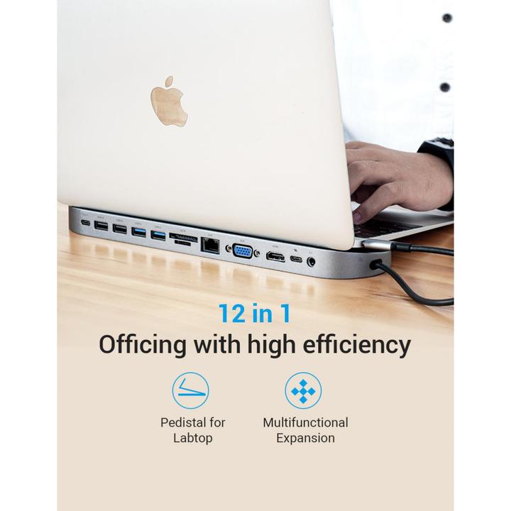 Image du produit Vention station d'accueil 12 en 1 : USB-C vers HDMI/USB2.0 x 2/USB3.0 x 2/VGA/USB-C/RJ45/SD/TF/audio (USB-C, 12 Ports)