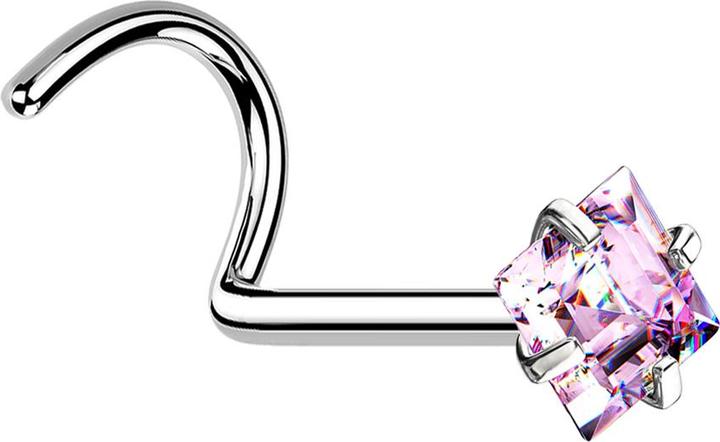 Star Piercing Nasenstecker gebogen silber quadratischer Kristall pink gefasst (ohne Messing, Chirurgenstahl 316L)