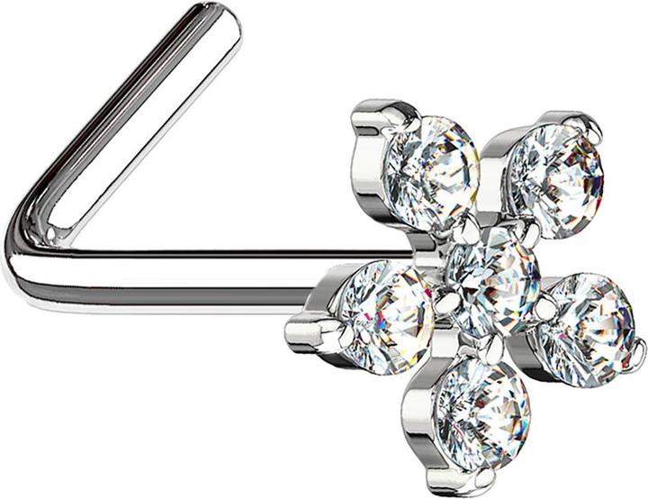 Star Piercing Nasenstecker gewinkelt silber Blume Kristall silber (Chirurgenstahl 316L, Messing)