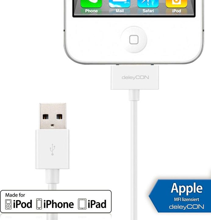 Produktbild deleyCON 30Pin Dock-USB Kabel 2m, weiss (2 m, USB 2.0)