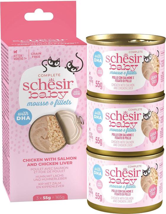 Produktbild Schesir Huhn mit Lachs und Hühnerleber (Welpe + Kitten, 3 Stk., 165 g)