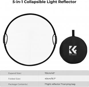 Image du produit K&F Concept Réflecteur circulaire 5 en 1 pour la photographie 107cm avec poignée Gold Sliver Black White (110 cm)